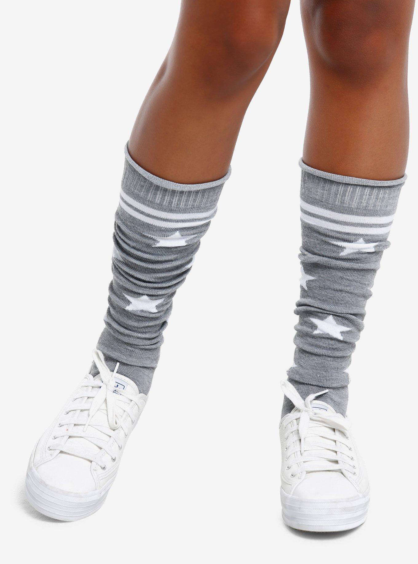 Grey Varsity Stripe Grey Knee High Slouchy Socks, , hi-res