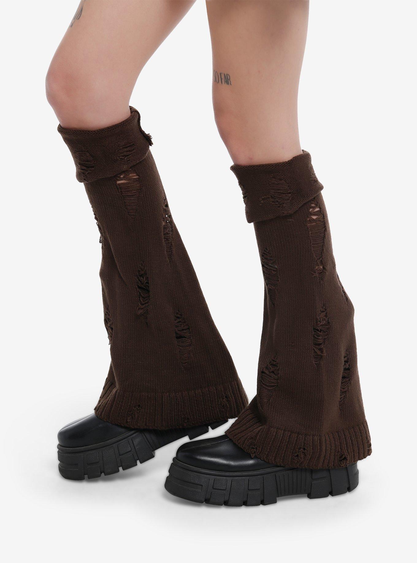 Brown Distressed Flared Leg Warmers, , hi-res
