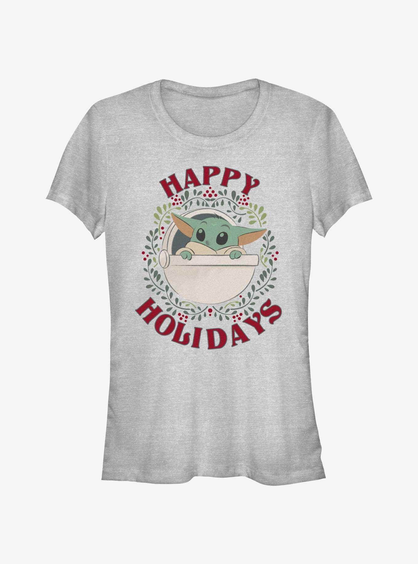 Star Wars The Mandalorian Grogu Wreath Happy Holidays Girls T-Shirt, ATH HTR, hi-res