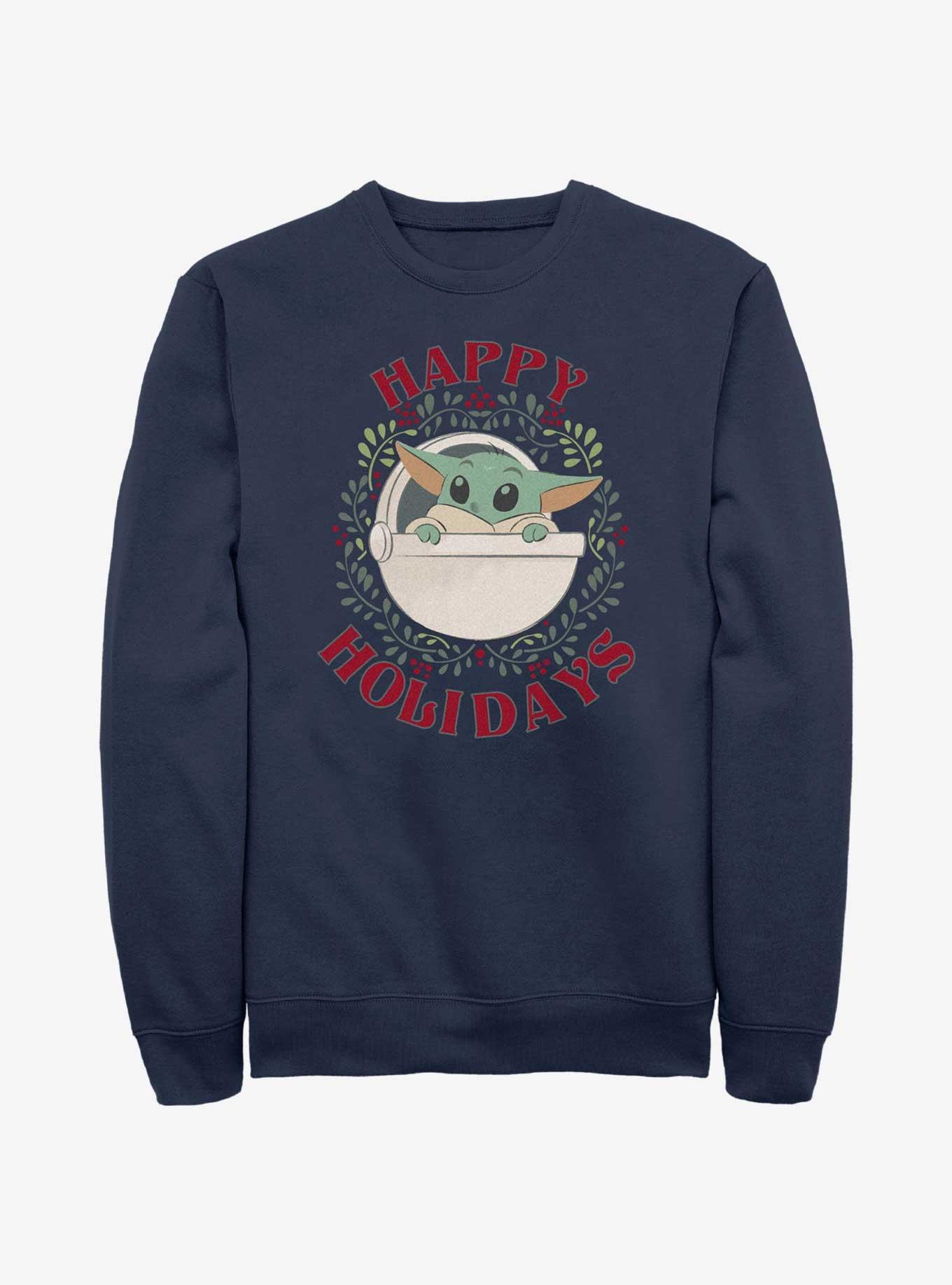 Star Wars The Mandalorian Grogu Wreath Happy Holidays Sweatshirt, NAVY, hi-res