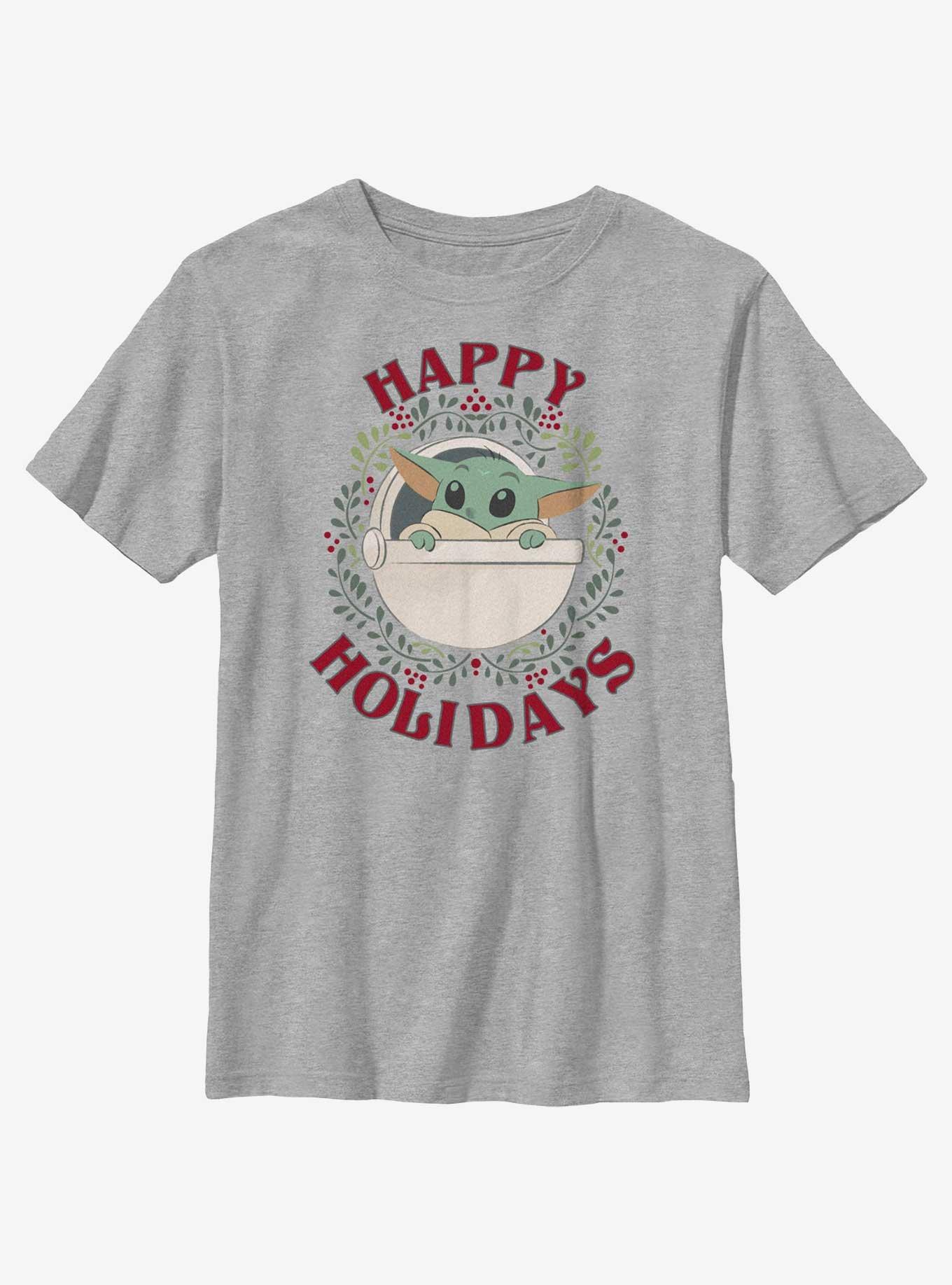 Star Wars The Mandalorian Grogu Wreath Happy Holidays Youth T-Shirt, , hi-res