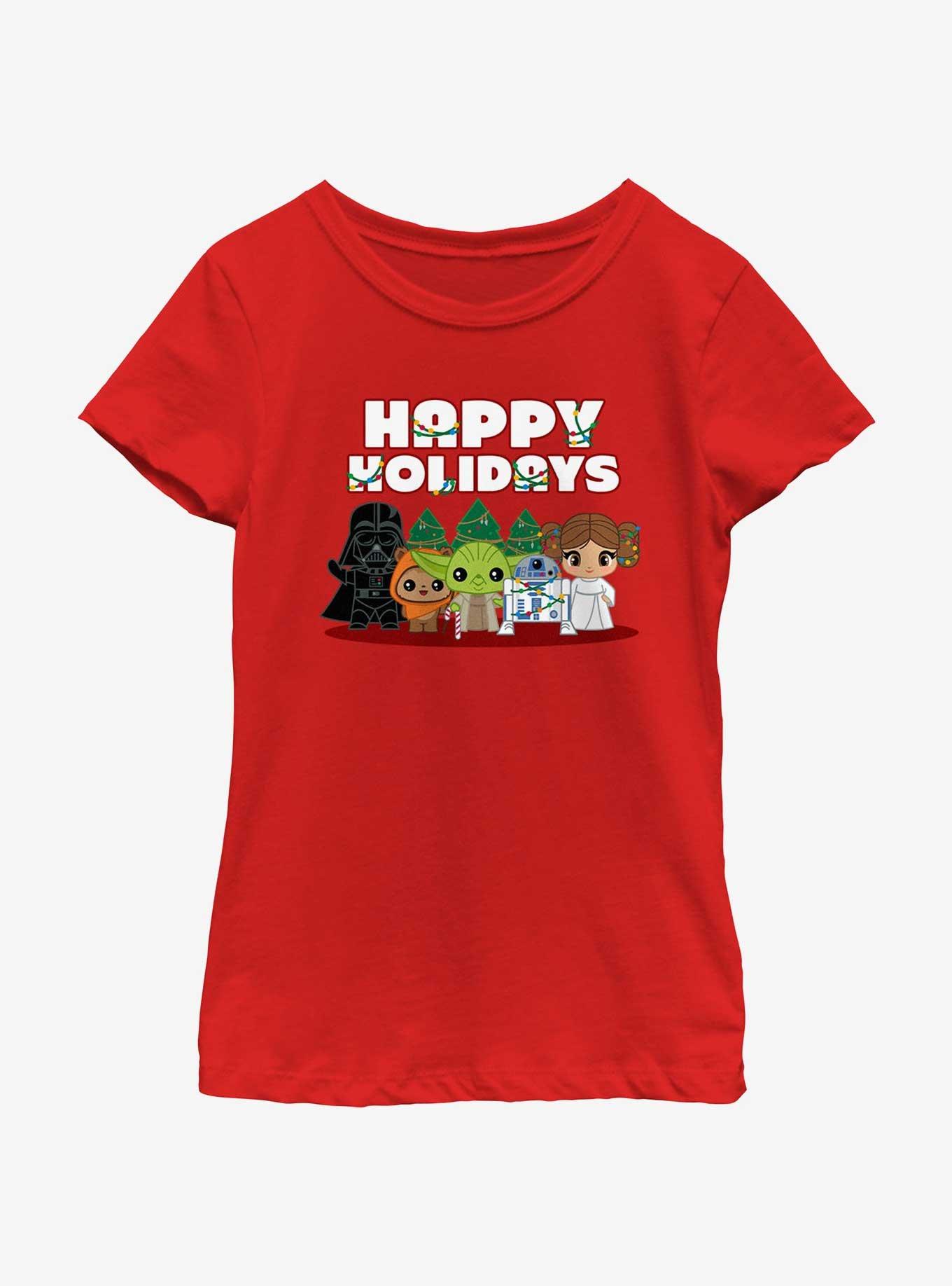 Star Wars Happy Holidays Chibis Youth Girls T-Shirt, RED, hi-res