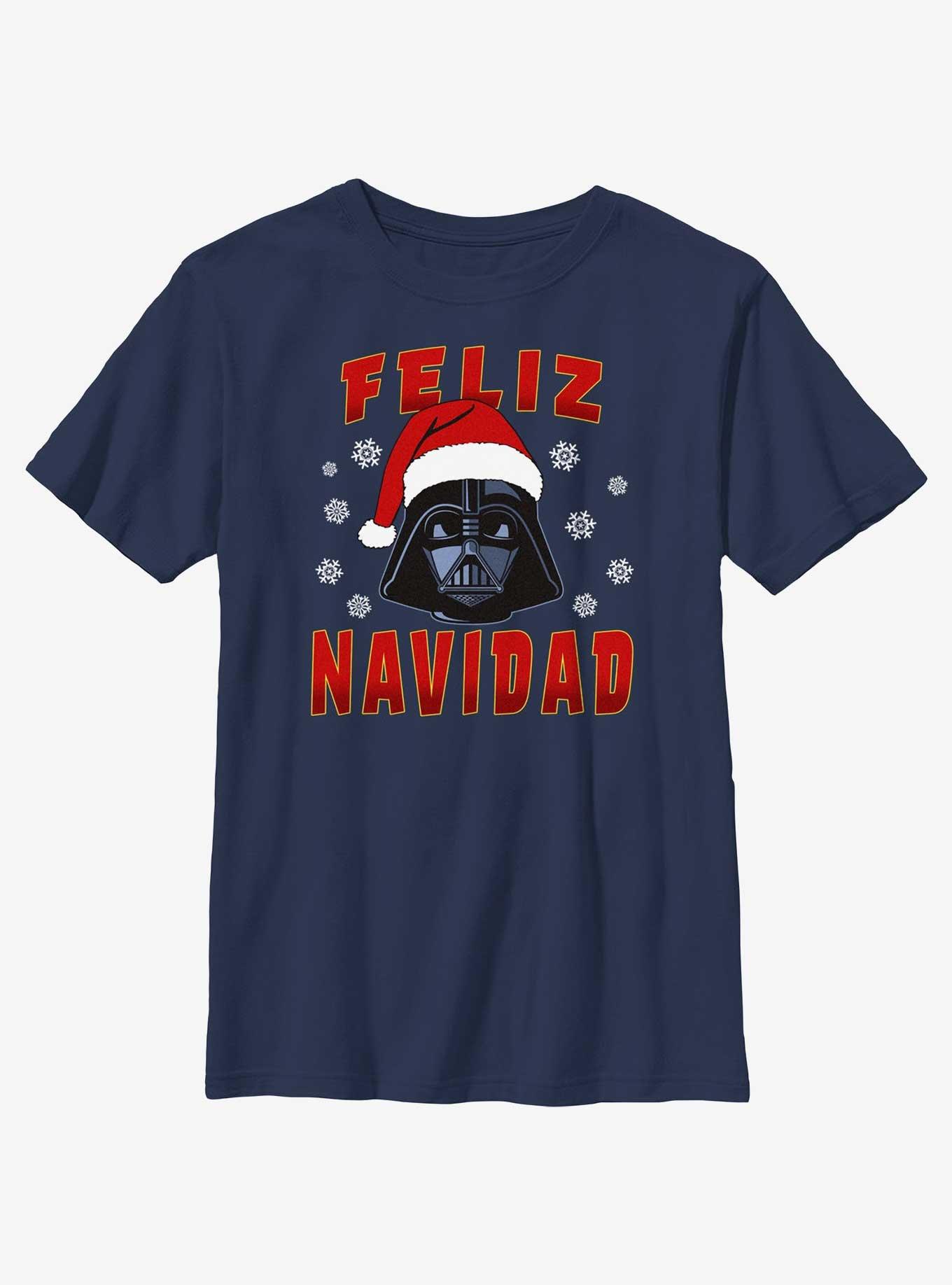 Star Wars Santa Vader Merry Christmas In Spanish Youth T-Shirt, NAVY, hi-res