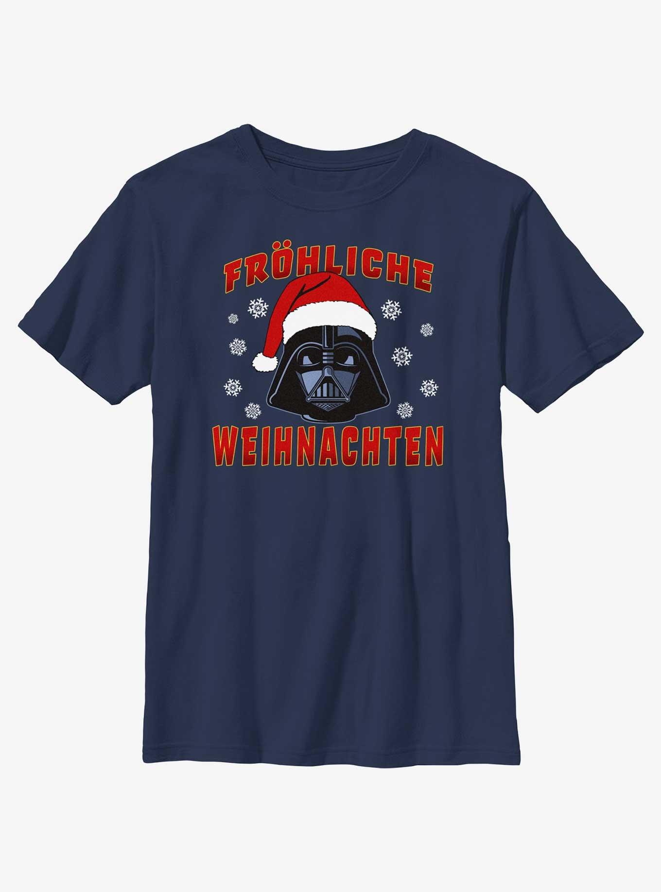 Star Wars Santa Vader Merry Christmas In German Youth T-Shirt, NAVY, hi-res