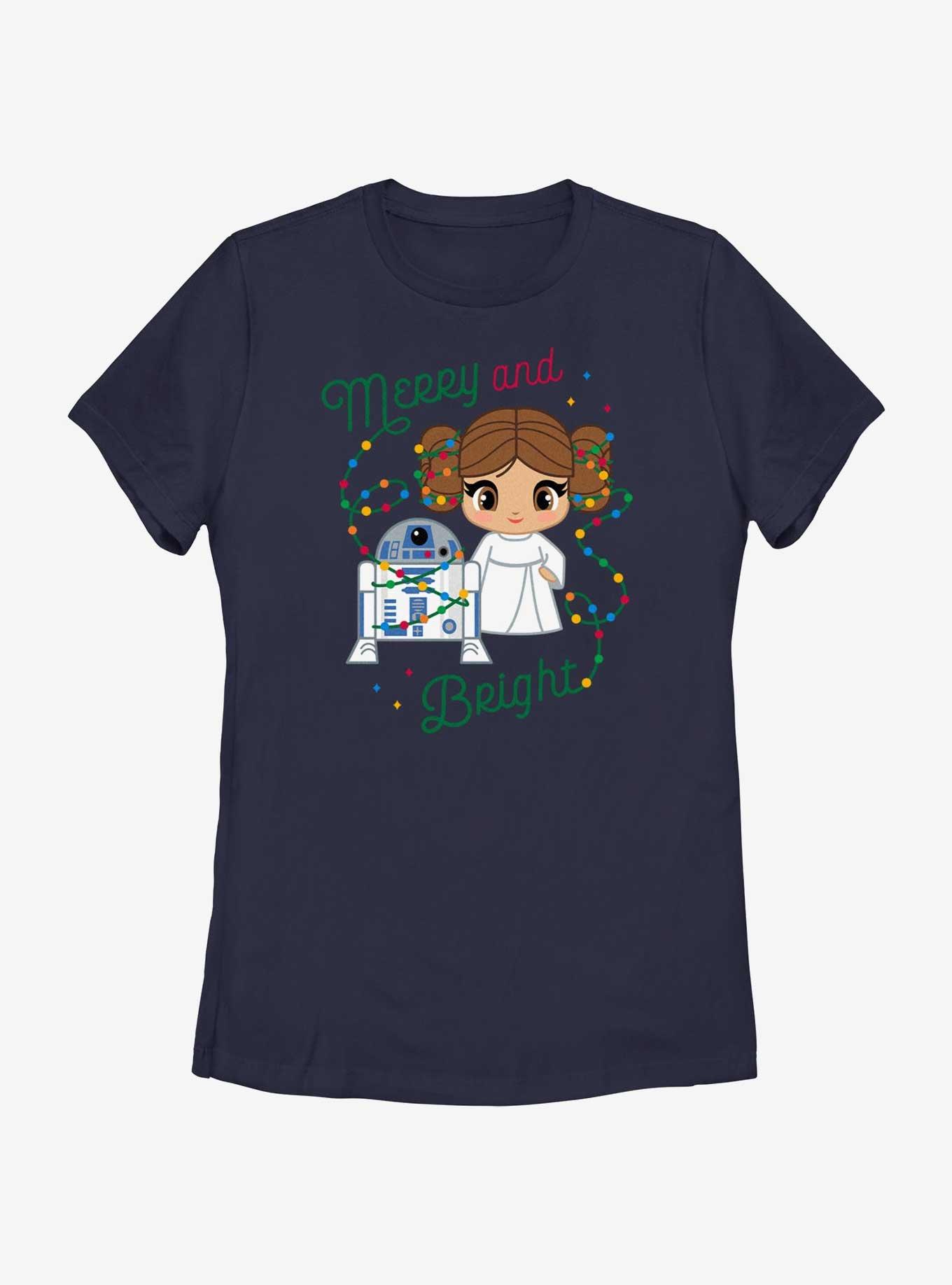 Star Wars R2-D2 & Leia Merry and Bright Womens T-Shirt, NAVY, hi-res