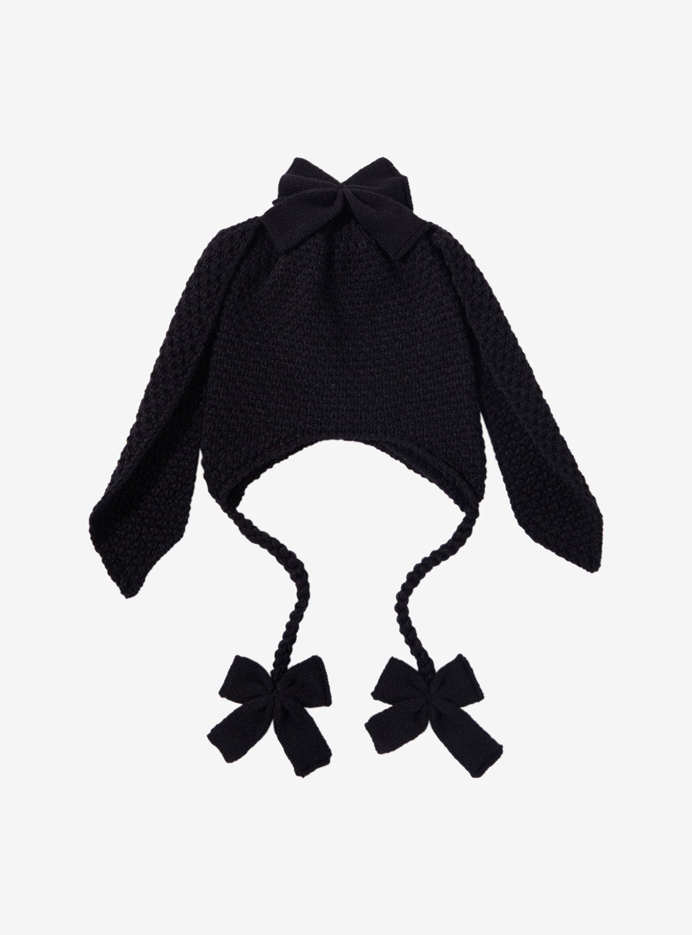 Black Bow Bunny Ear Tassel Beanie, , hi-res