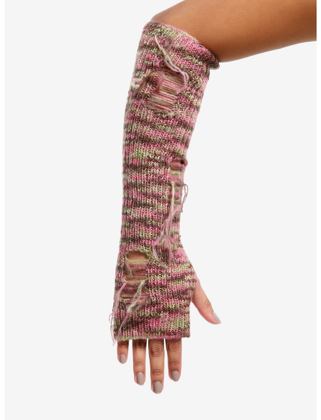 Pink Brown & Green Destructed Knit Arm Warmers, , hi-res