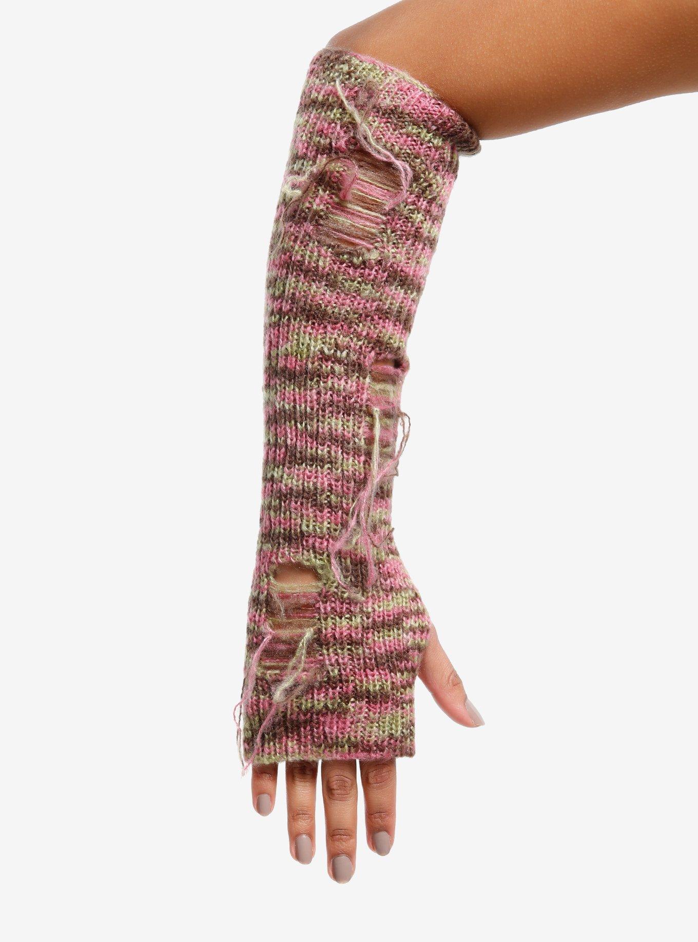 Pink Brown & Green Destructed Knit Arm Warmers, , hi-res