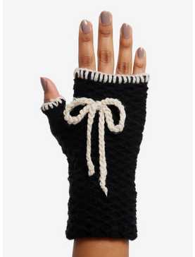 Black & Cream Crochet Bow Fingerless Gloves, , hi-res