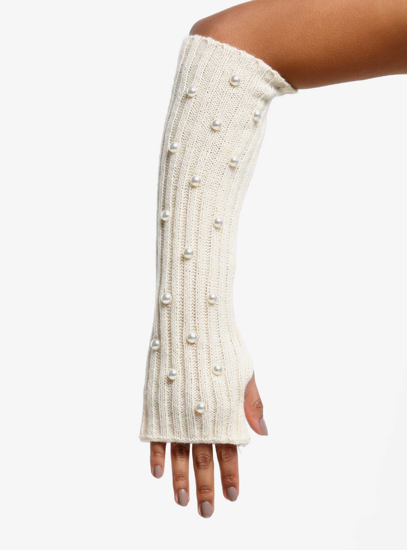 Cream Knit Pearl Beaded Arm Warmers, , hi-res