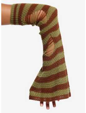 Green & Brown Distressed Knit Flare Arm Warmers, , hi-res