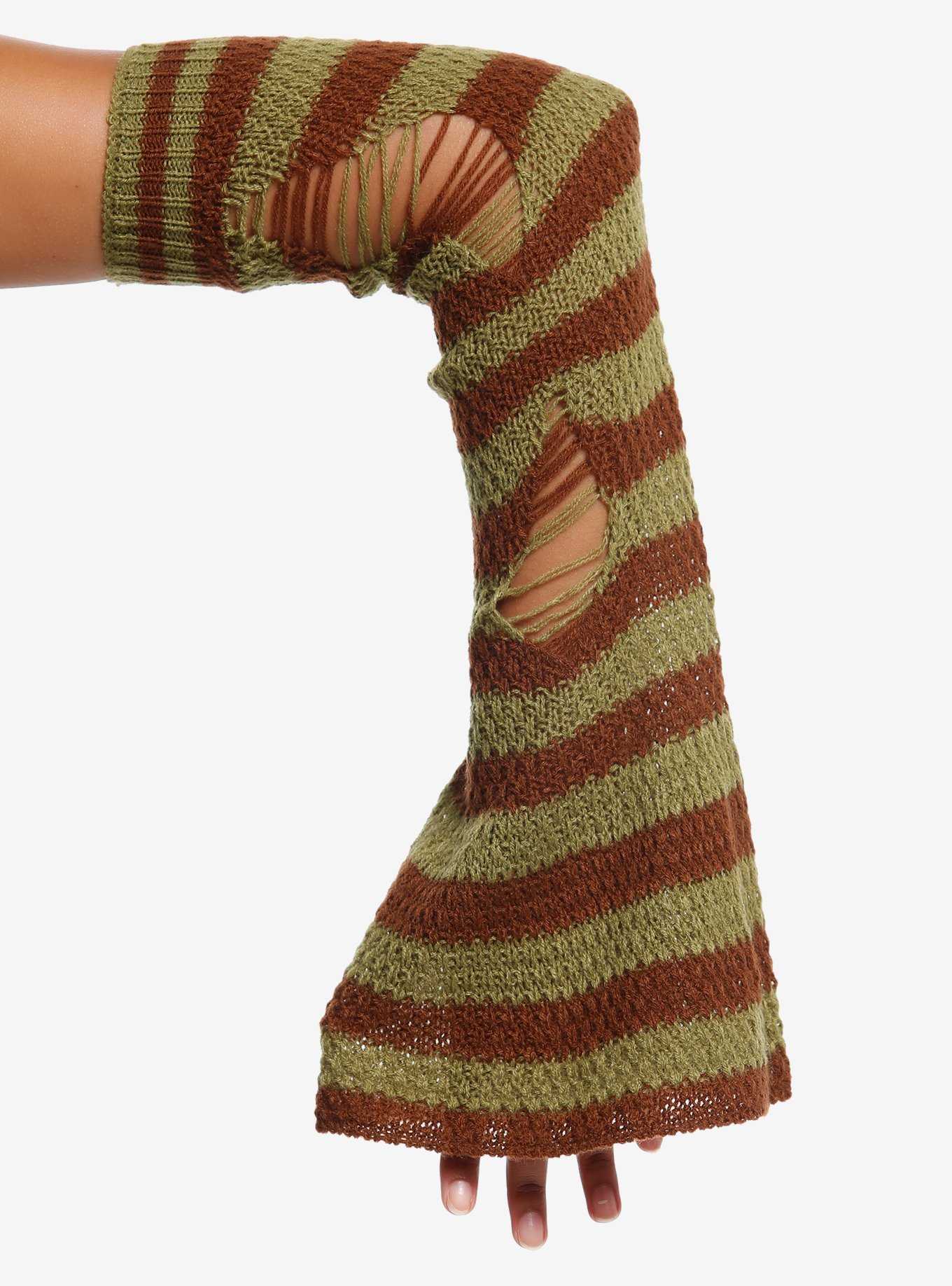 Green & Brown Distressed Knit Flare Arm Warmers, , hi-res