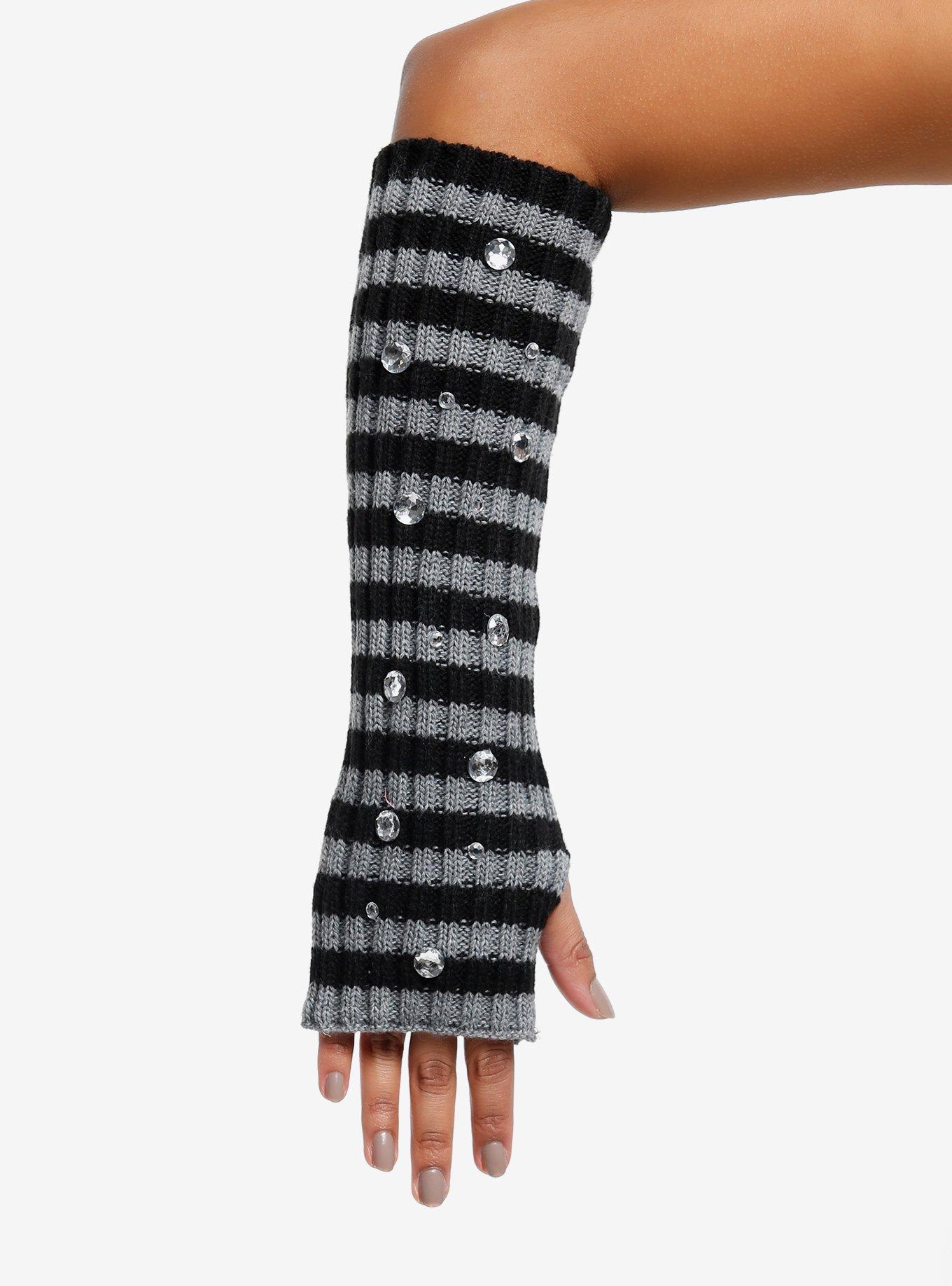 Grey & Black Stripe Rhinestone Arm Warmers, , hi-res