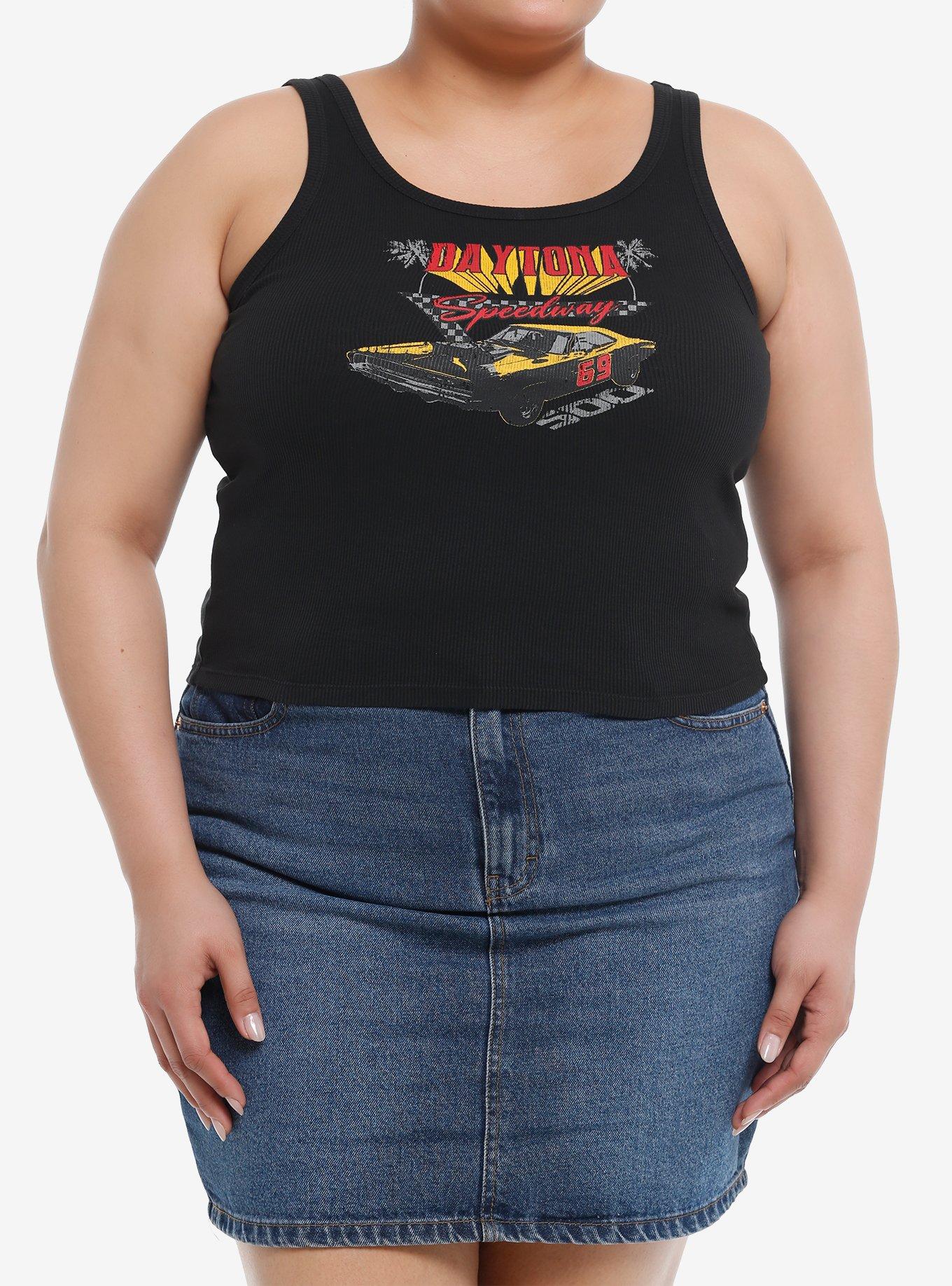 Social Collision® Daytona Speedway Ribbed Girls Crop Tank Top Plus Size, RED, hi-res