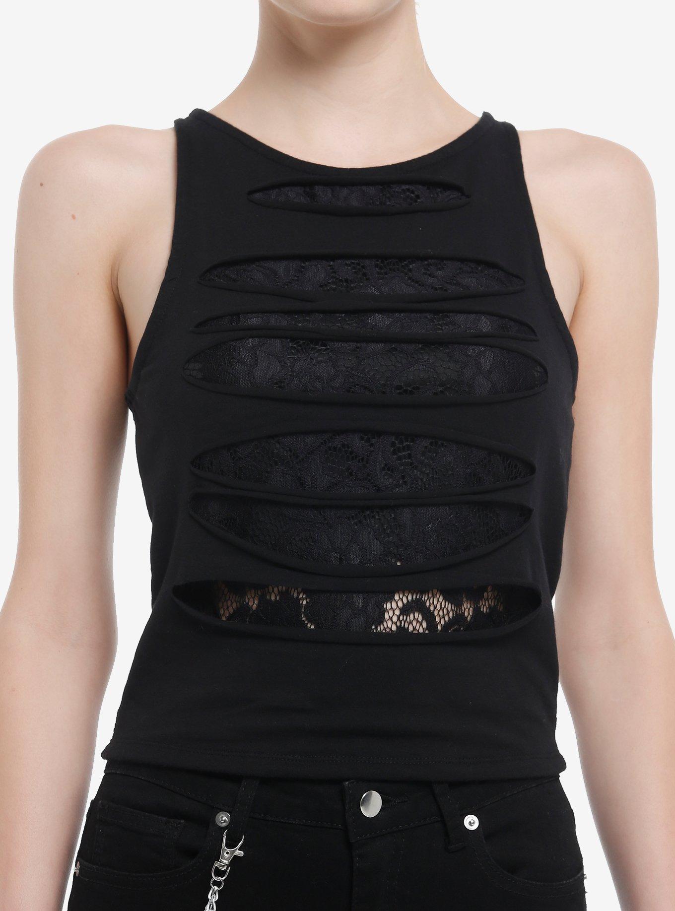 Cosmic Aura Black Slashed Lace Girls Muscle Tank Top, BLACK, hi-res