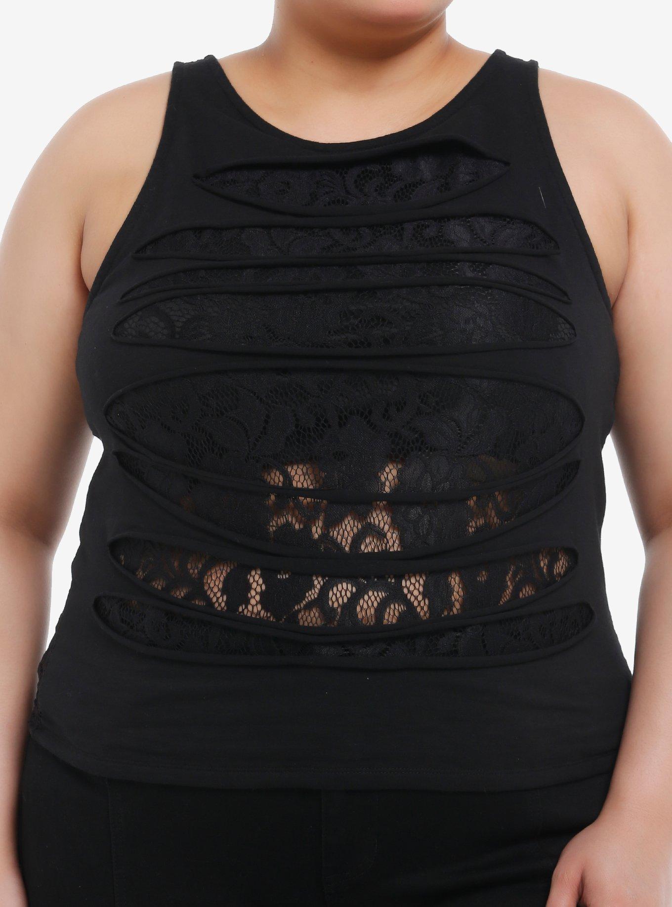 Cosmic Aura Black Slashed Lace Girls Muscle Tank Top Plus Size, BLACK, hi-res