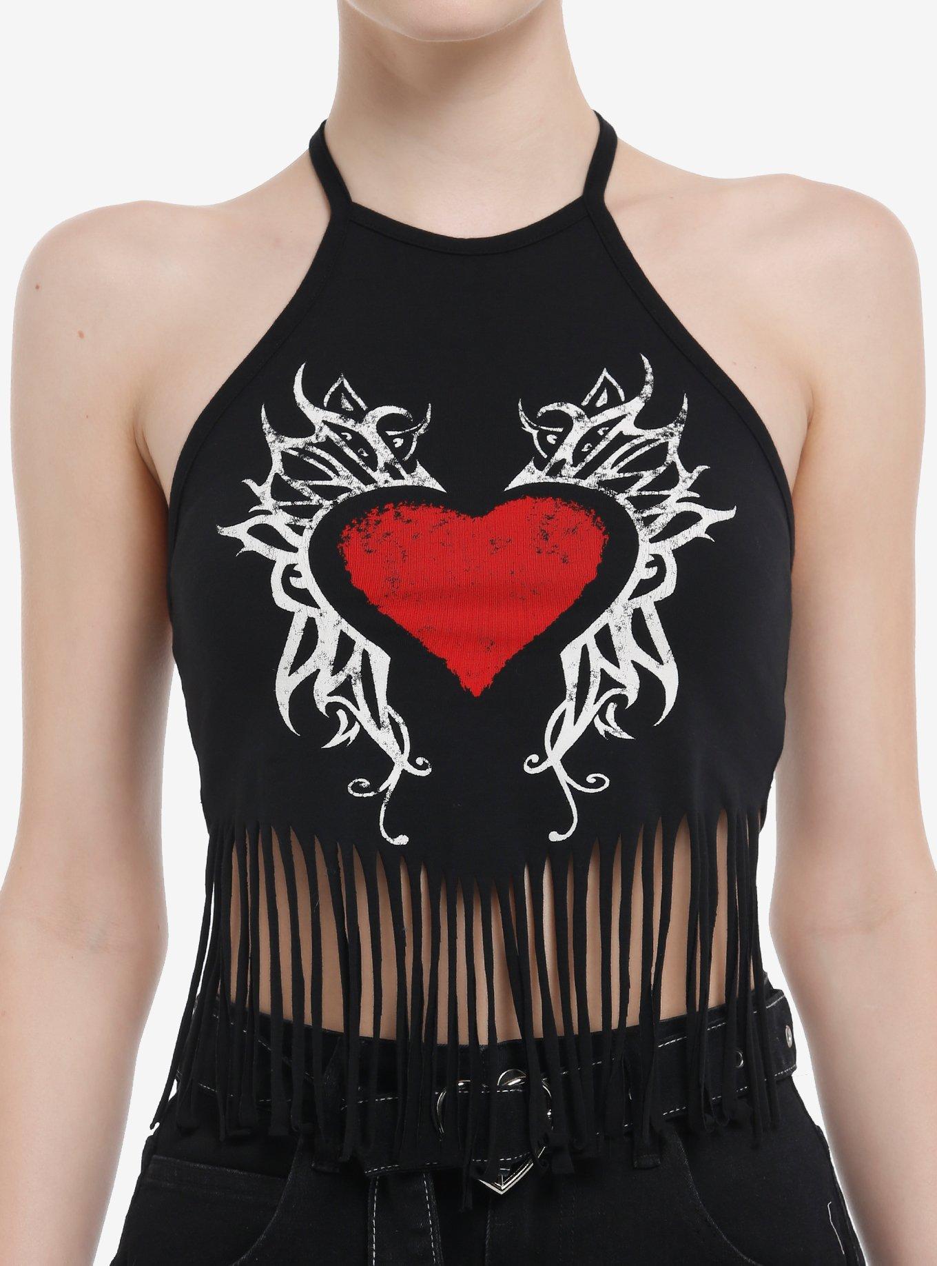 Social Collision Heart Fringe Girls Crop Halter Top, , hi-res