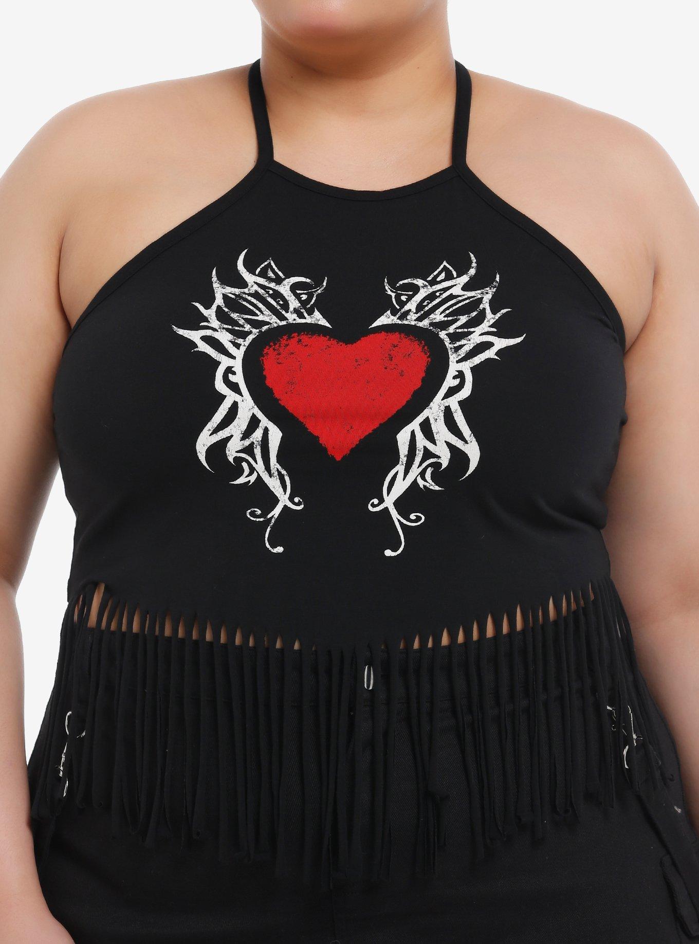 Social Collision Heart Fringe Girls Crop Halter Top Plus Size, , hi-res