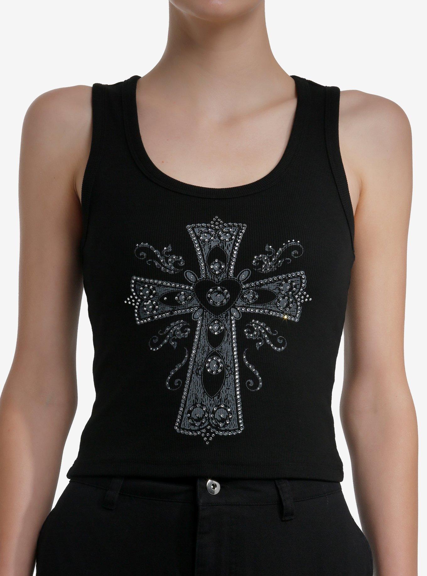 Social Collision Rhinestone Gothic Cross Girls Tank Top, , hi-res