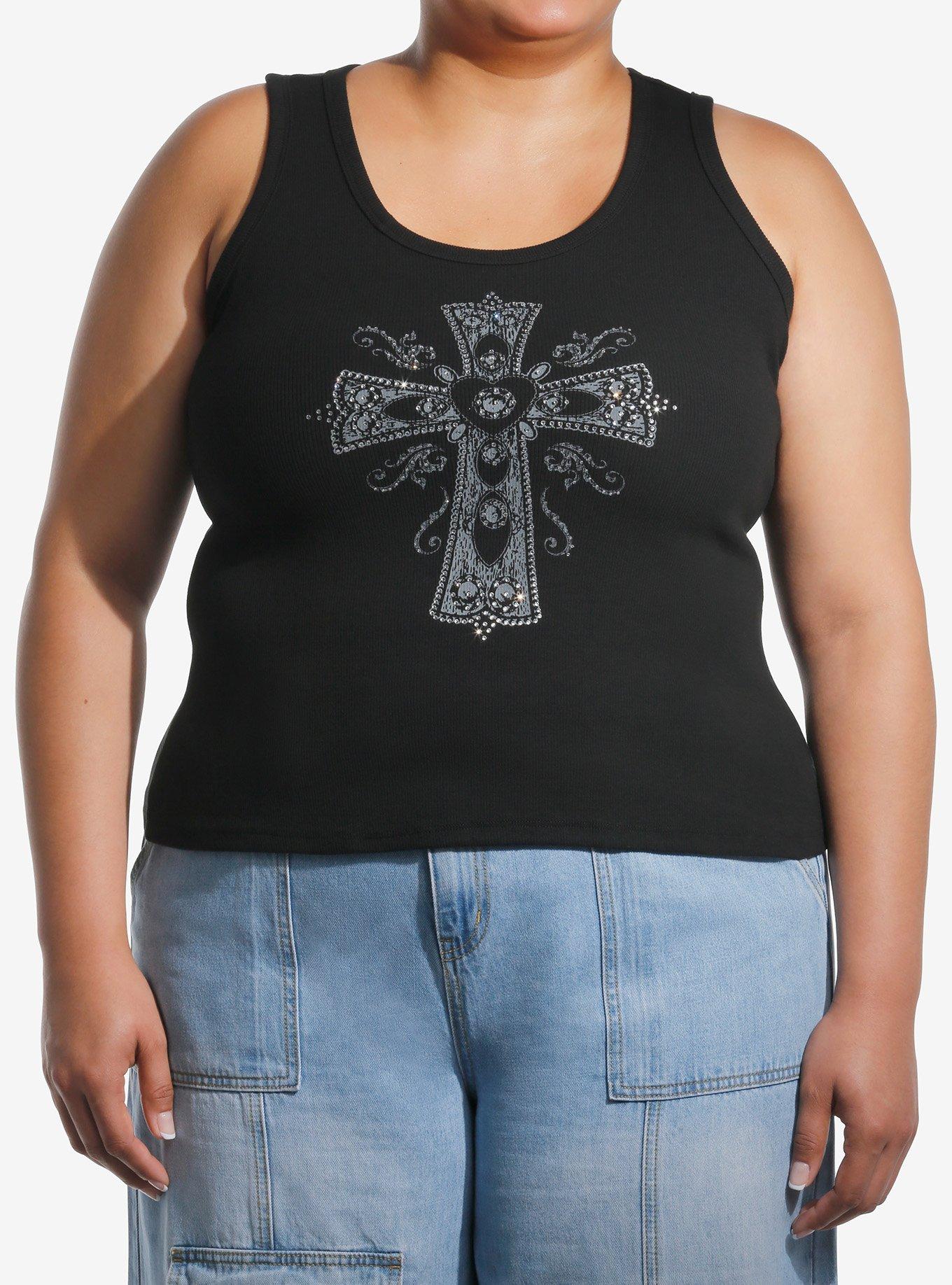 Rhinestone Gothic Cross Girls Tank Top Plus Size, , hi-res