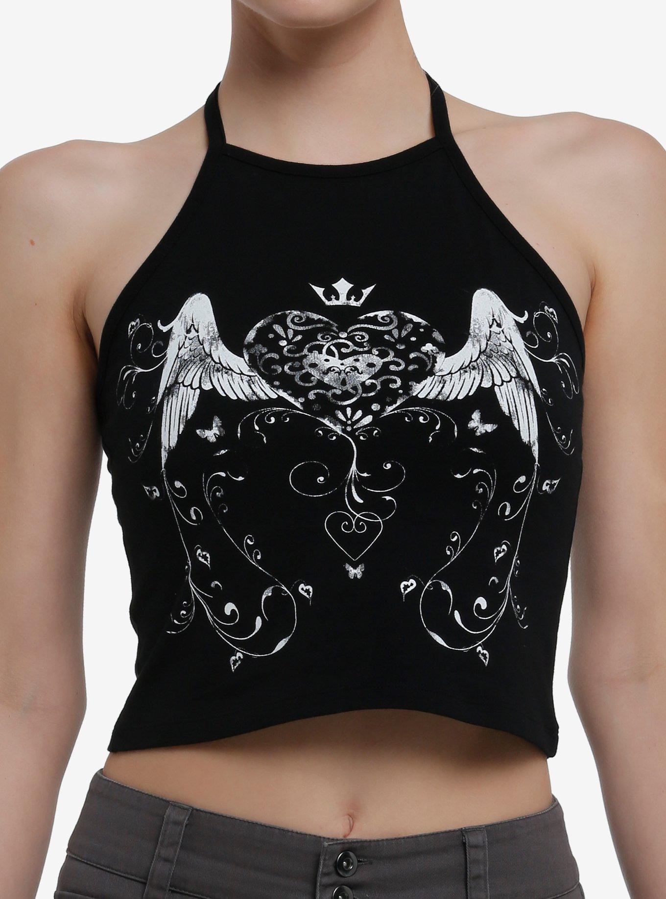 Black & White Heart Wing Filigree Girls Halter Tank Top, , hi-res