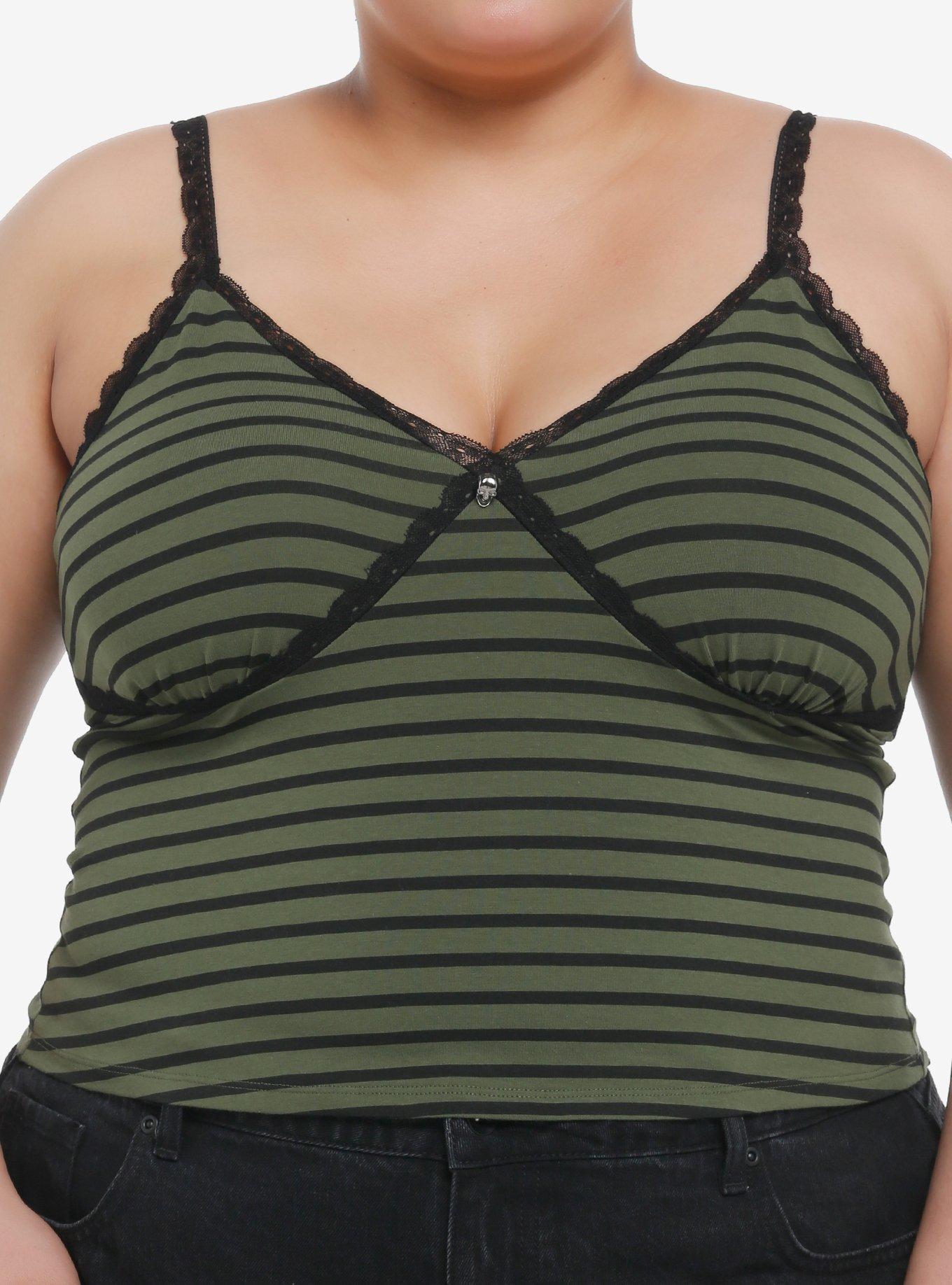 Thorn & Fable Green & Black Stripe Lace Trim Girls Cami Plus Size, , hi-res