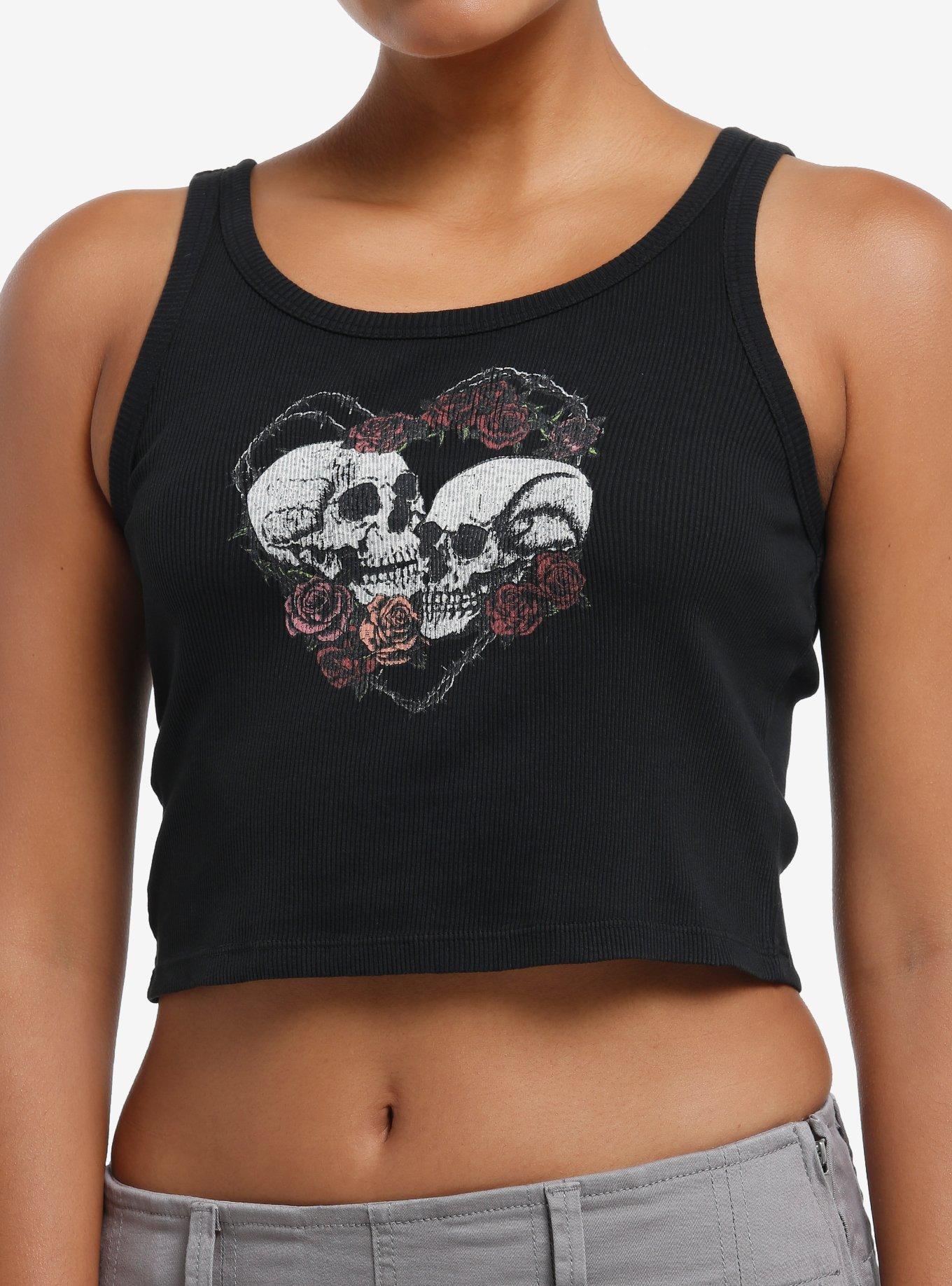 Social Collision Skull Heart Roses Girls Tank Top, RED, hi-res