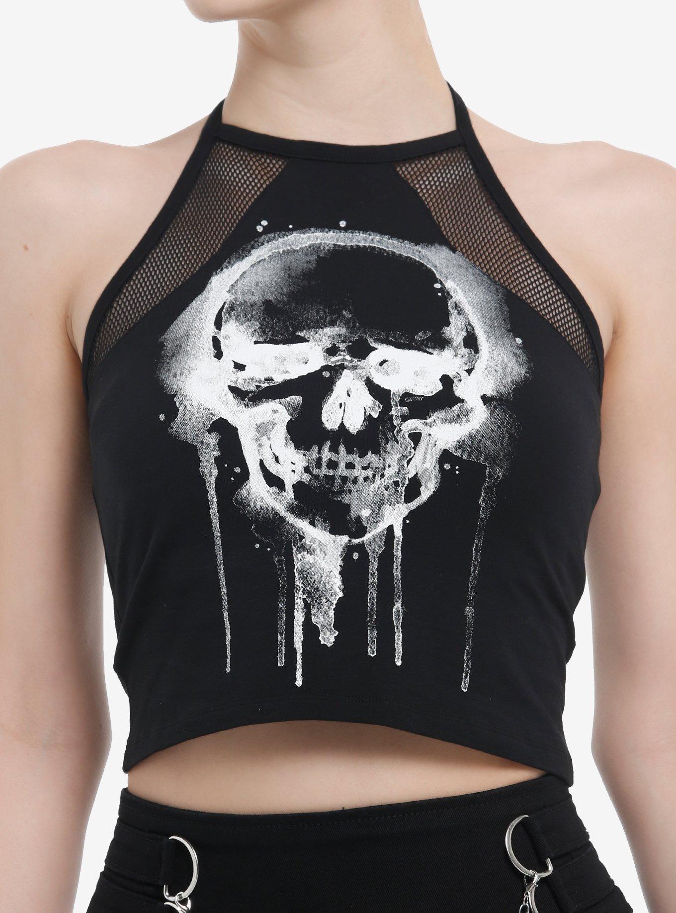 Social Collision Drippy Skull Fishnet Girls Crop Halter Top, , hi-res