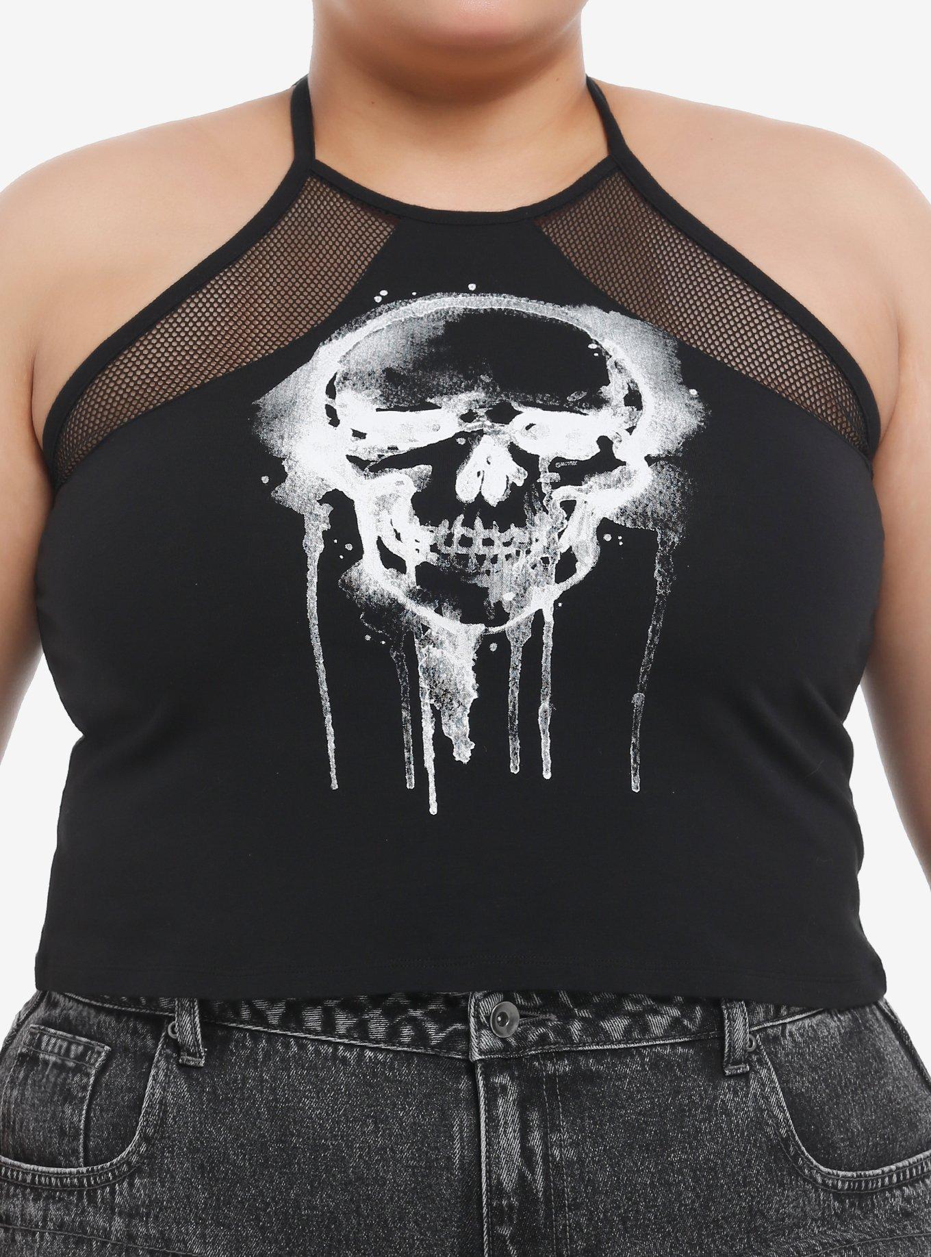 Social Collision Drippy Skull Fishnet Girls Crop Halter Top Plus Size, , hi-res