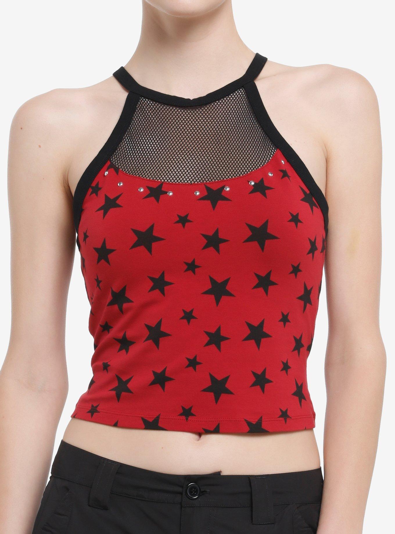 Social Collision Red & Black Star Fishnet Girls Tank Top, , hi-res