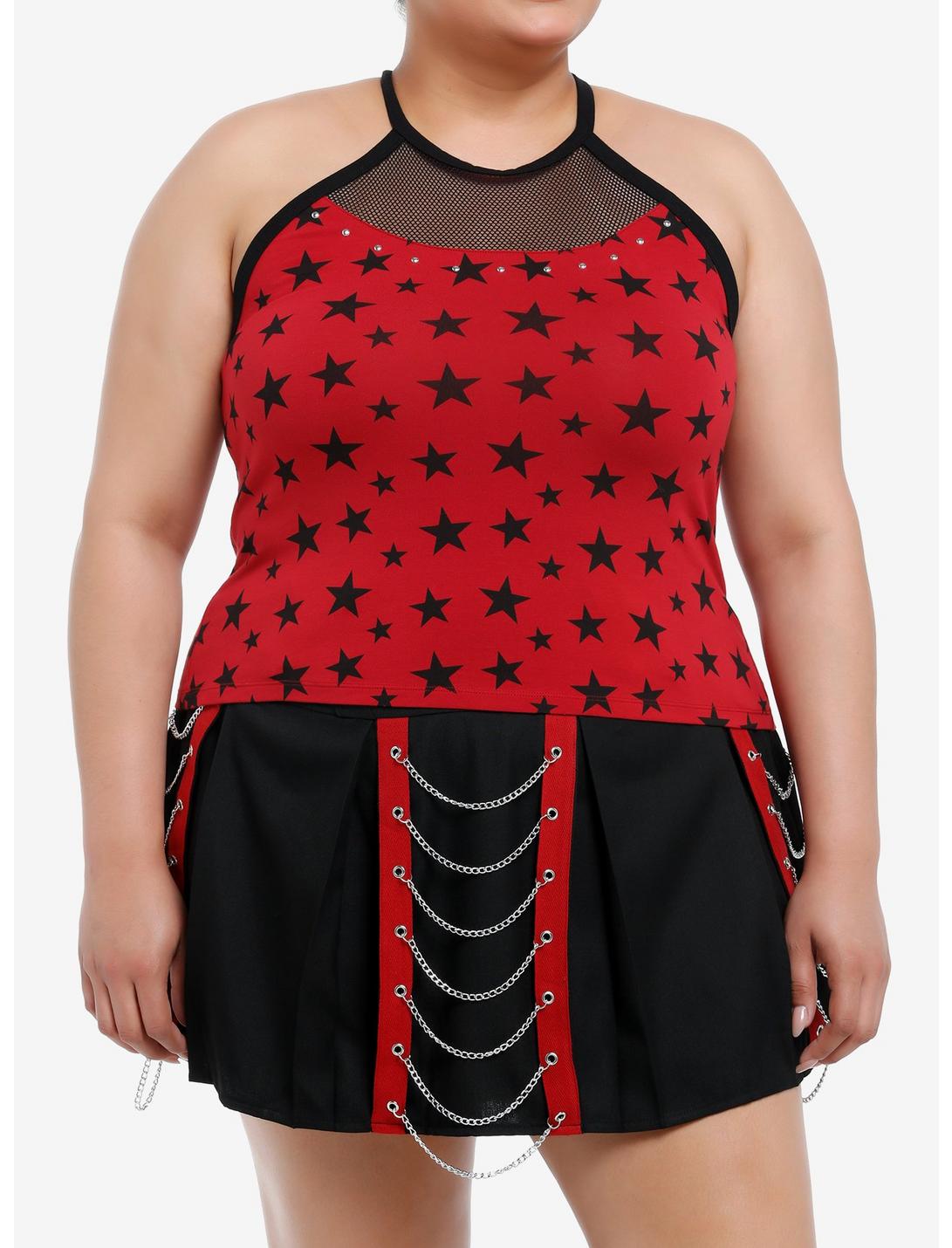 Social Collision Red & Black Star Fishnet Girls Tank Top Plus Size, BLACK, hi-res