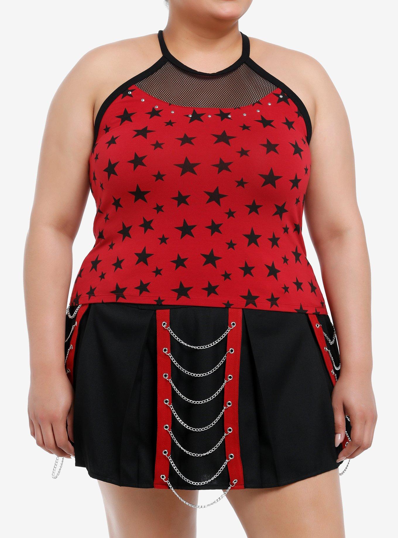 Social Collision Red & Black Star Fishnet Girls Tank Top Plus Size, BLACK, hi-res