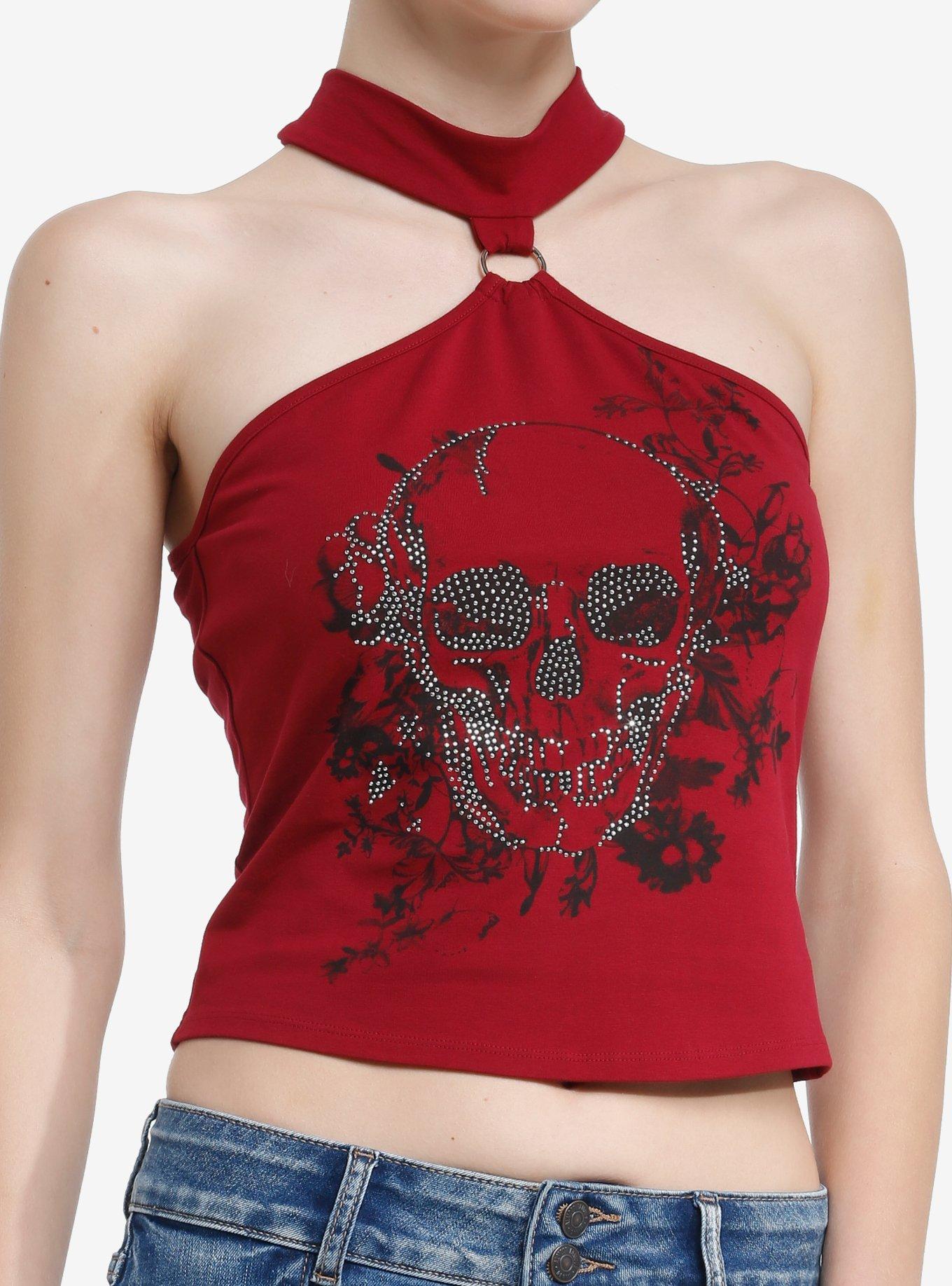 Social Collision Bling Skull O-Ring Girls Halter Tank Top, BLACK, hi-res