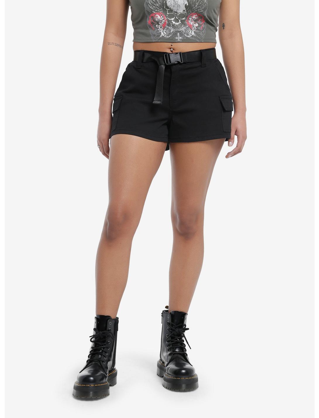Black Cargo Shorts With Belt, BLACK, hi-res