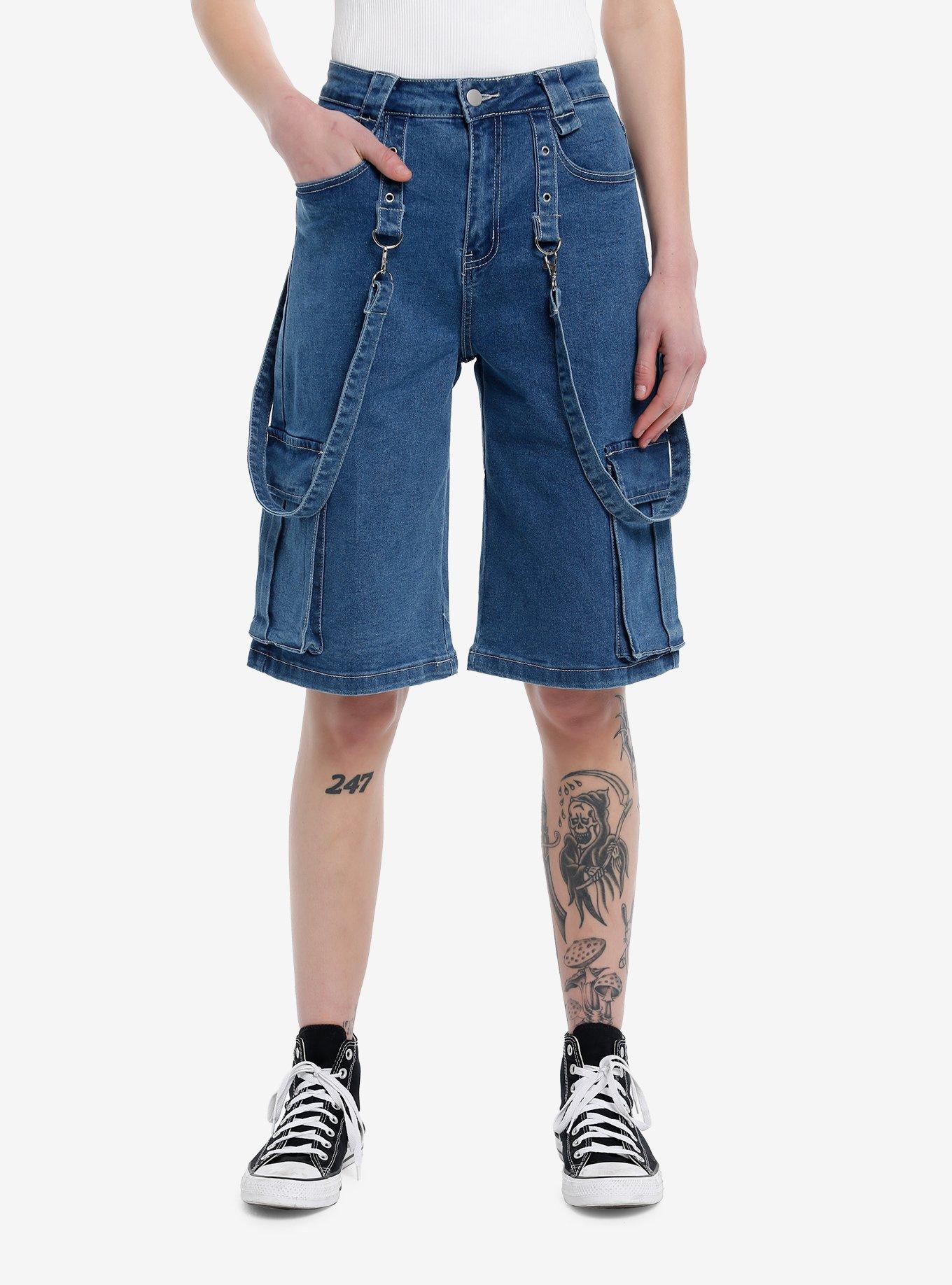 Denim shorts with suspenders online