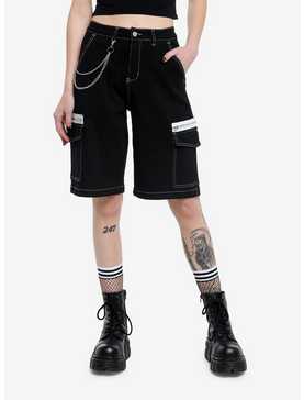 Black Contrast Zipper Pocket Girls Long Shorts, , hi-res