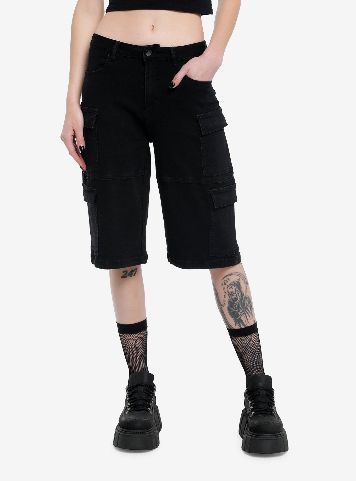 Black Double Cargo Pocket Girls Long Shorts, , hi-res