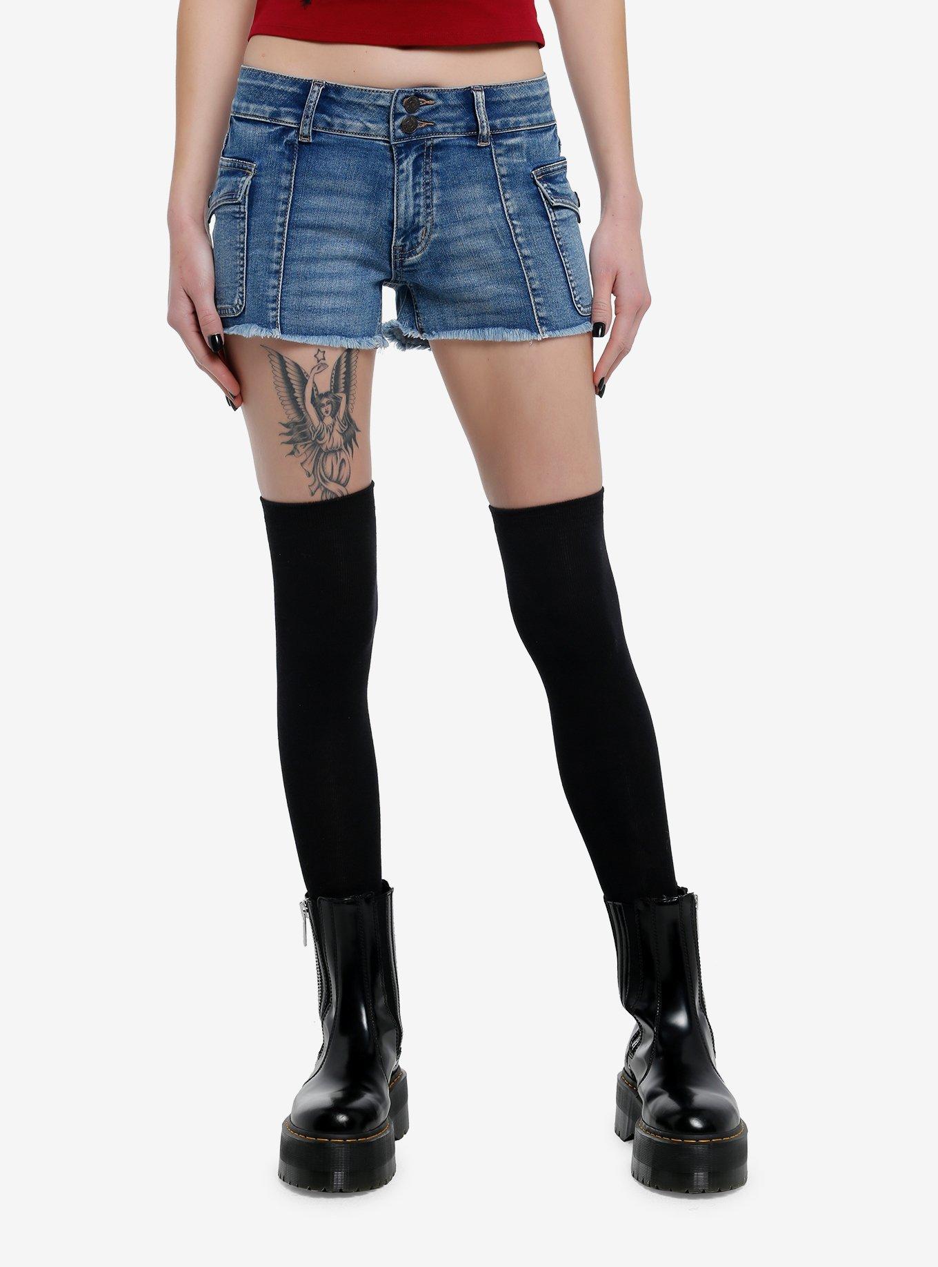 Light Indigo Side Pocket Low-Rise Denim Shorts, INDIGO, hi-res