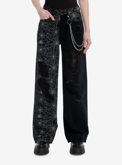 Black Destructed Spiderweb Split Wide Leg Pants | Hot Topic