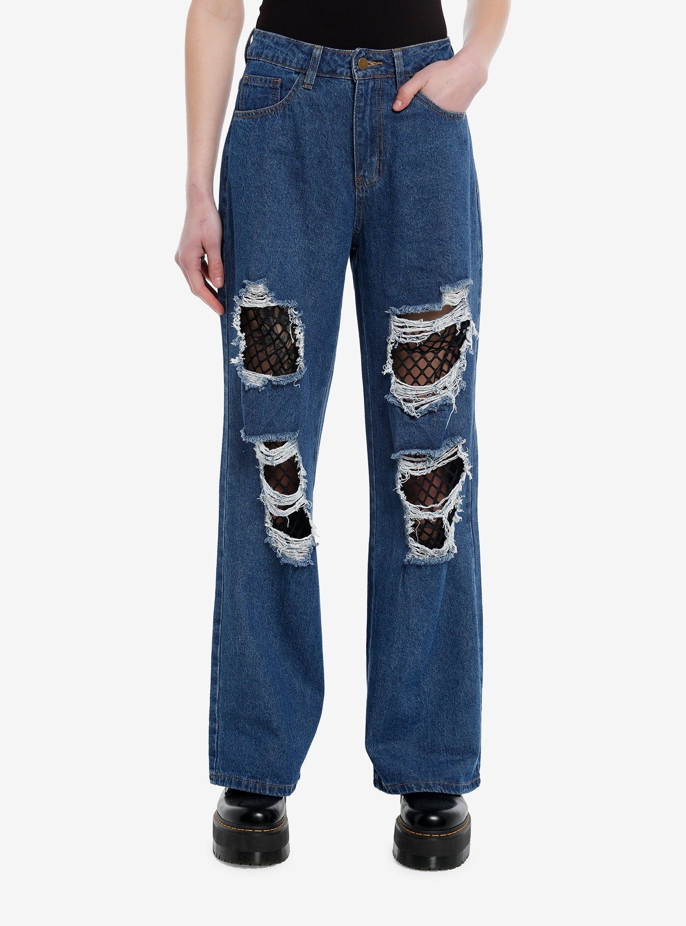 Indigo Destructed Fishnet Wide Leg Denim Pants, INDIGO, hi-res