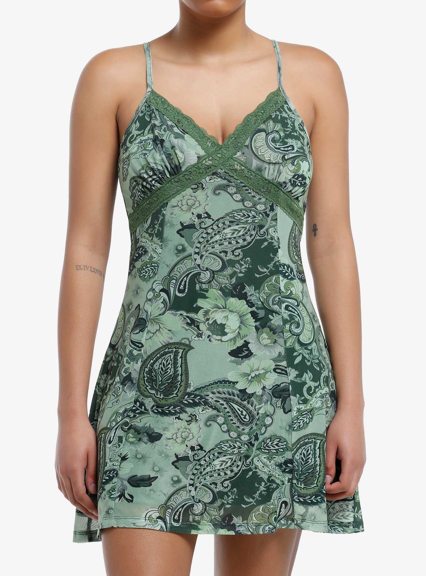 Thorn & Fable Green Paisley Slip Dress, , hi-res