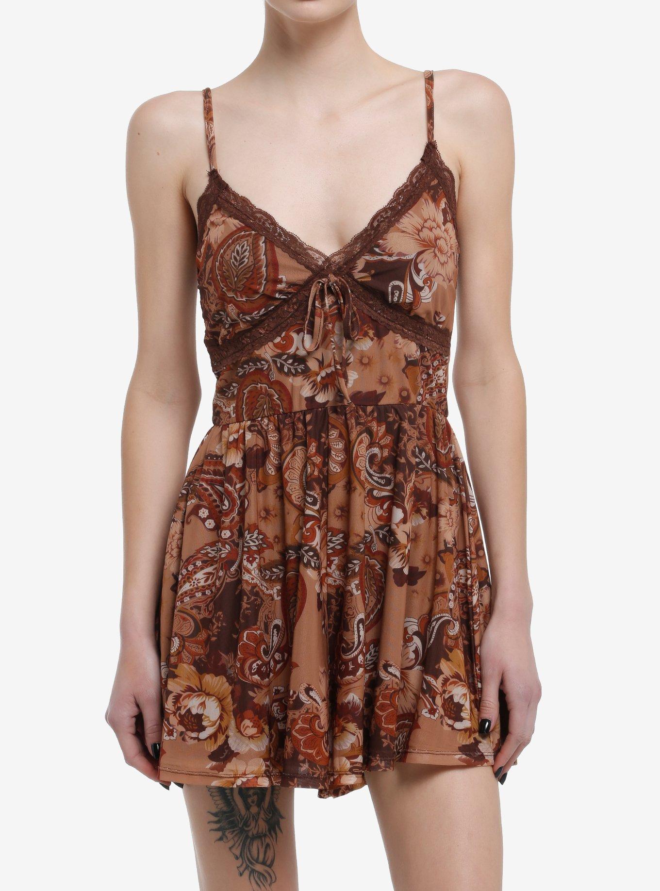 Brown & Gold Paisley Patchwork Slip Romper, GOLD, hi-res