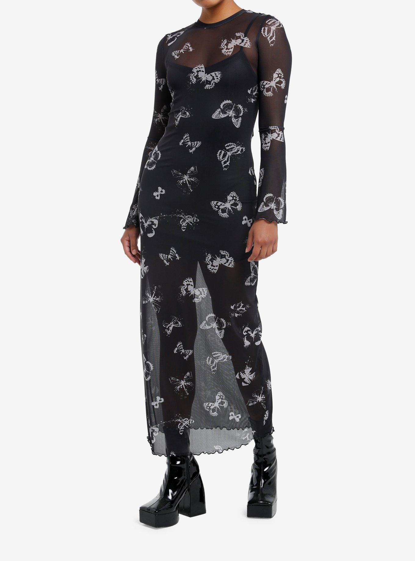 Thorn & Fable Grey Butterfly Mesh Long-Sleeve Midaxi Dress, , hi-res