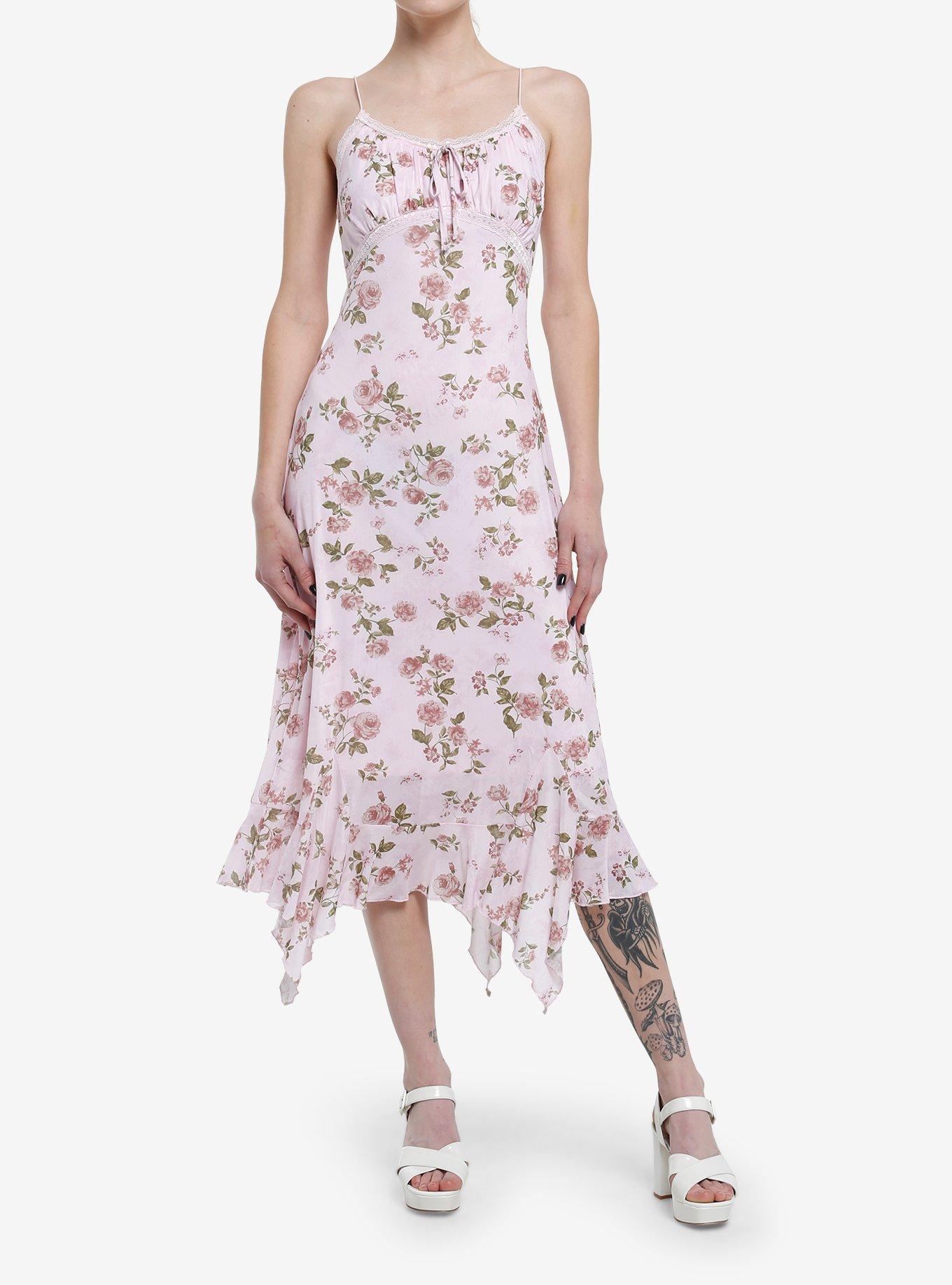 Pink Floral Hanky Hem Midi Dress, PINK, hi-res