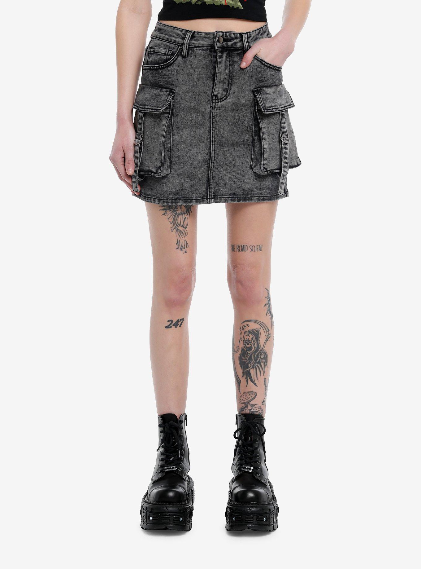 Social Collision Grey Wash Cargo Denim Skirt, , hi-res