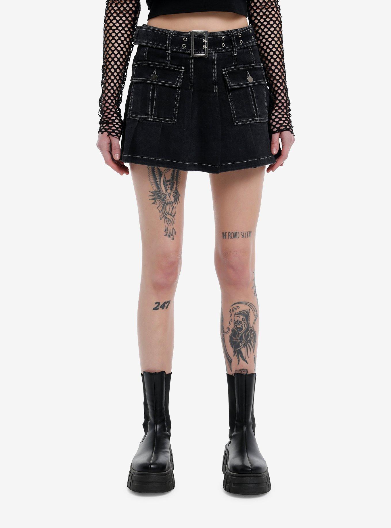 Grommet Belt Pleated Denim Skirt, INDIGO, hi-res