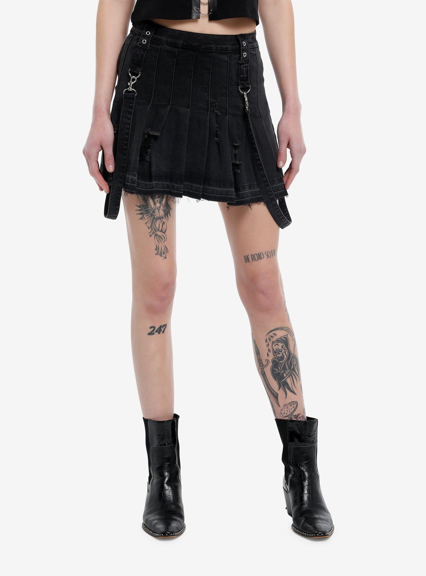 Black Destructed Suspender Pleated Skirt, BLACK, hi-res