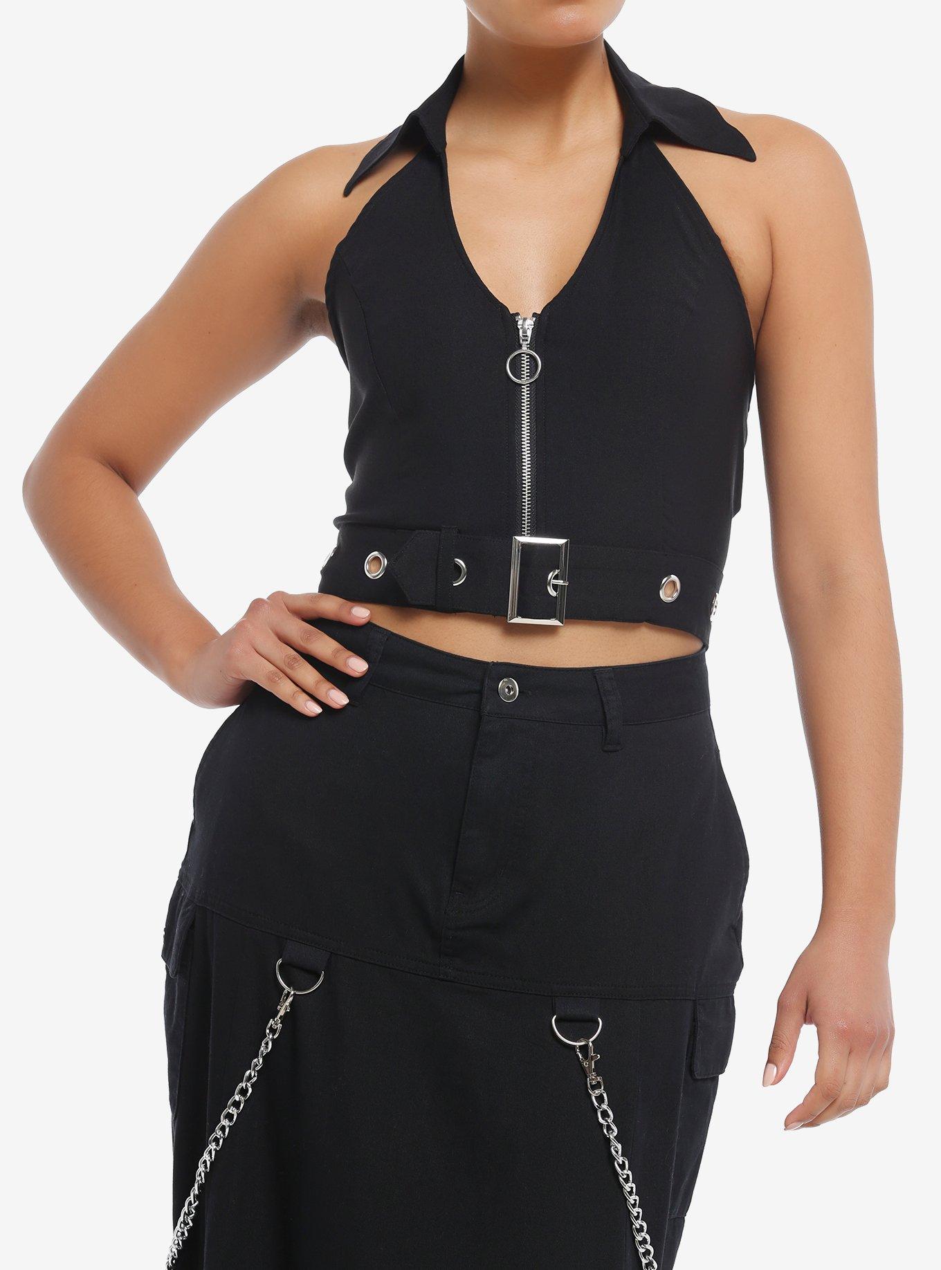 Social Collision Collar Belt Halter Girls Crop Tank Top, , hi-res