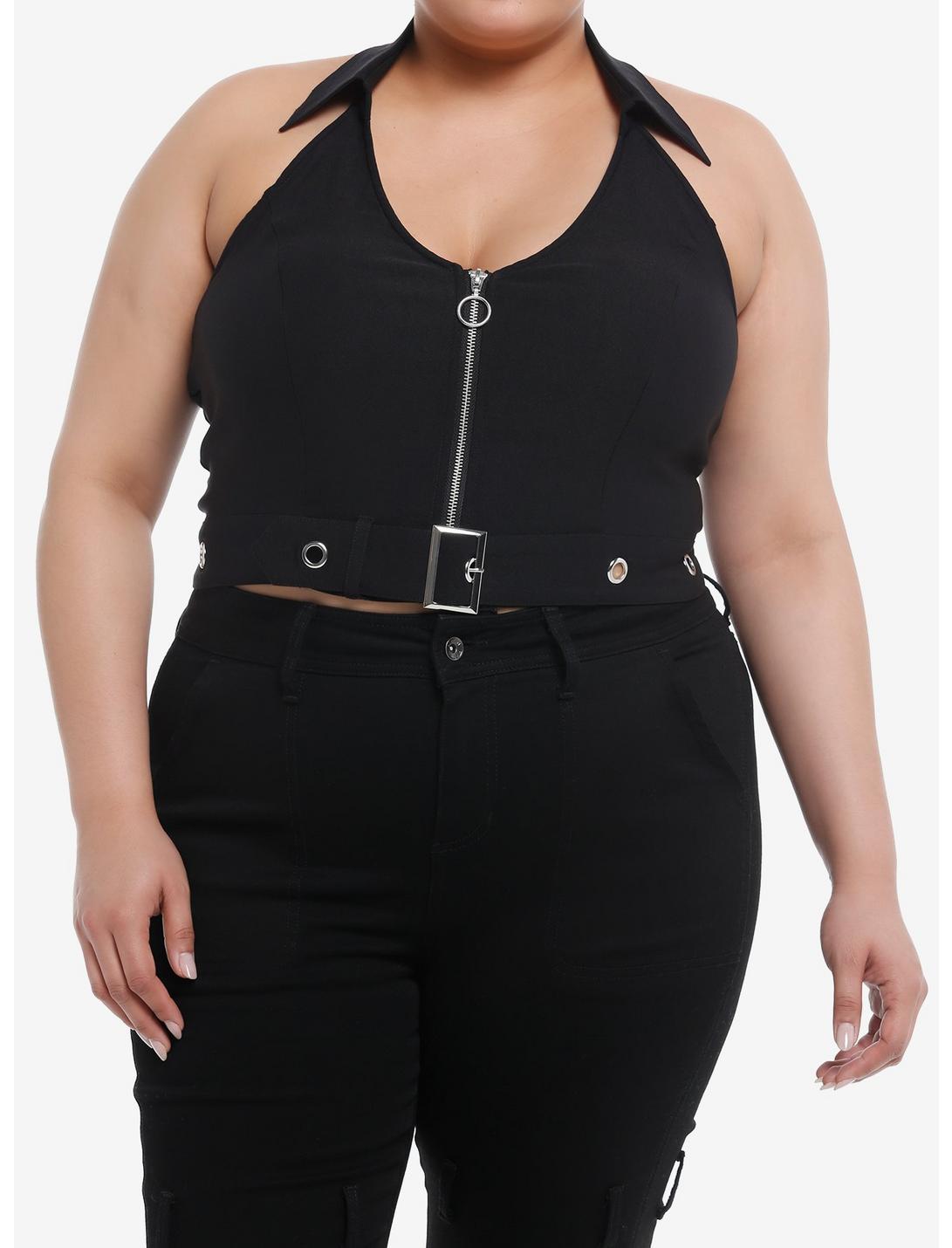 Social Collision Collar Belt Halter Girls Crop Tank Top Plus Size, BLACK, hi-res
