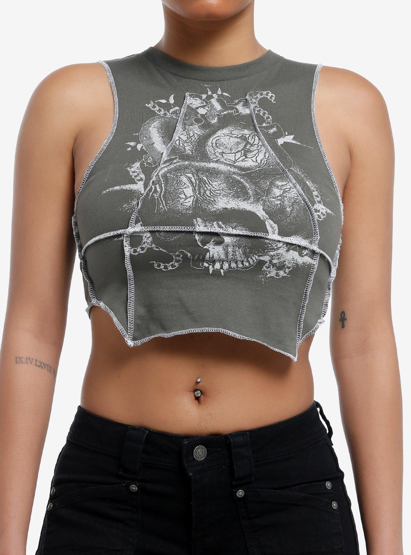 Social Collision Skull Heart Girls Crop Muscle Tank Top